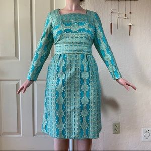 Vintage handmade 60s gold metallic peacock blue shift dress